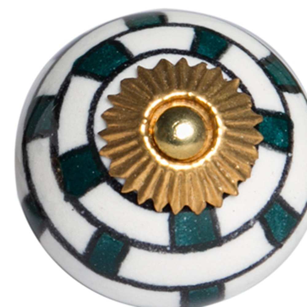 Set of Eight Green White And Gold Geometric Ceramic Drawer Pull Knobs HomeRoots