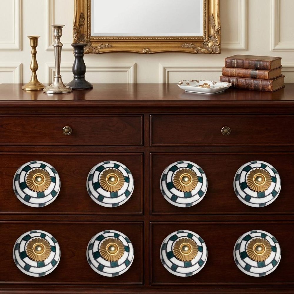 Set of Eight Green White And Gold Geometric Ceramic Drawer Pull Knobs HomeRoots