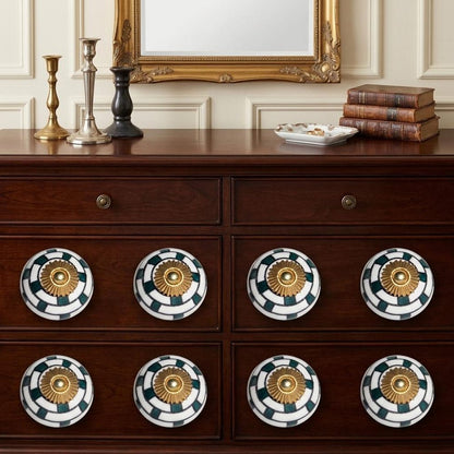 Set of Eight Green White And Gold Geometric Ceramic Drawer Pull Knobs HomeRoots