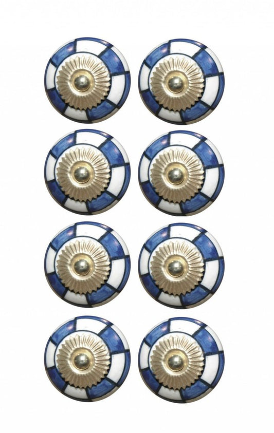 Set of Eight Blue White And Gold Geometric Ceramic Drawer Pull Knobs HomeRoots