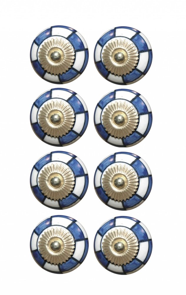 Set of Eight Blue White And Gold Geometric Ceramic Drawer Pull Knobs HomeRoots