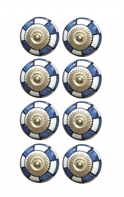 Set of Eight Blue White And Gold Geometric Ceramic Drawer Pull Knobs HomeRoots