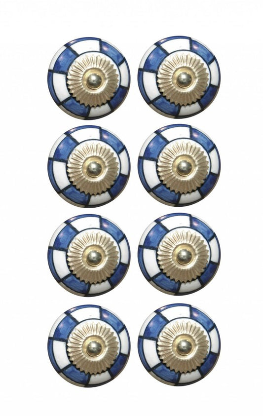 Set of Eight Blue White And Gold Geometric Ceramic Drawer Pull Knobs HomeRoots