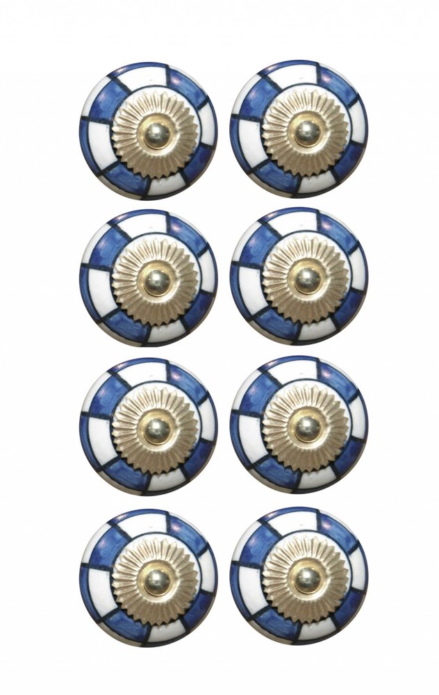 Set of Eight Blue White And Gold Geometric Ceramic Drawer Pull Knobs HomeRoots