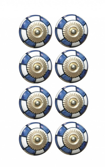 Set of Eight Blue White And Gold Geometric Ceramic Drawer Pull Knobs HomeRoots