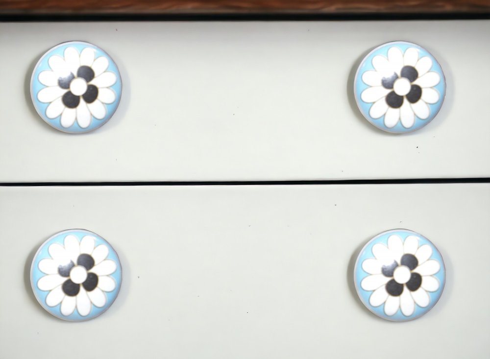 Set of Eight Blue White And Black Floral Ceramic Drawer Pull Knobs HomeRoots