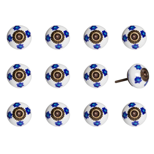 Set of Twelve Blue White And Turquoise Floral Ceramic Drawer Pull Knobs HomeRoots