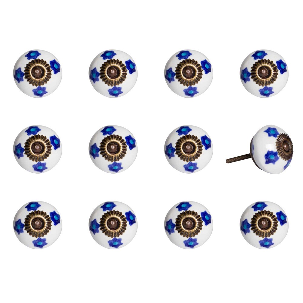 Set of Twelve Blue White And Turquoise Floral Ceramic Drawer Pull Knobs HomeRoots