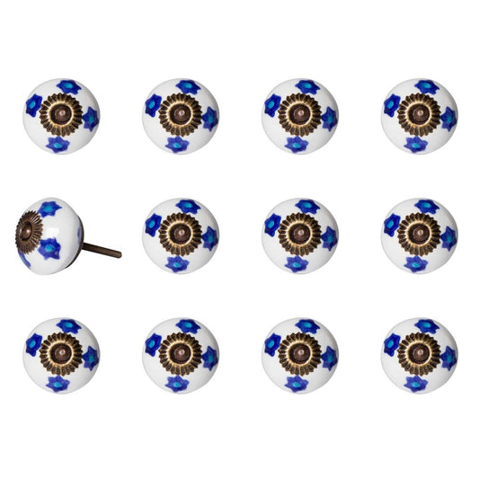 Set of Twelve Blue White And Turquoise Floral Ceramic Drawer Pull Knobs HomeRoots