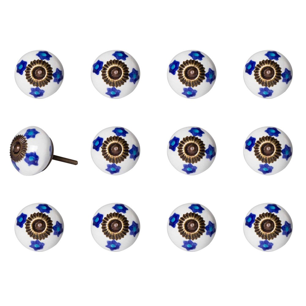 Set of Twelve Blue White And Turquoise Floral Ceramic Drawer Pull Knobs HomeRoots