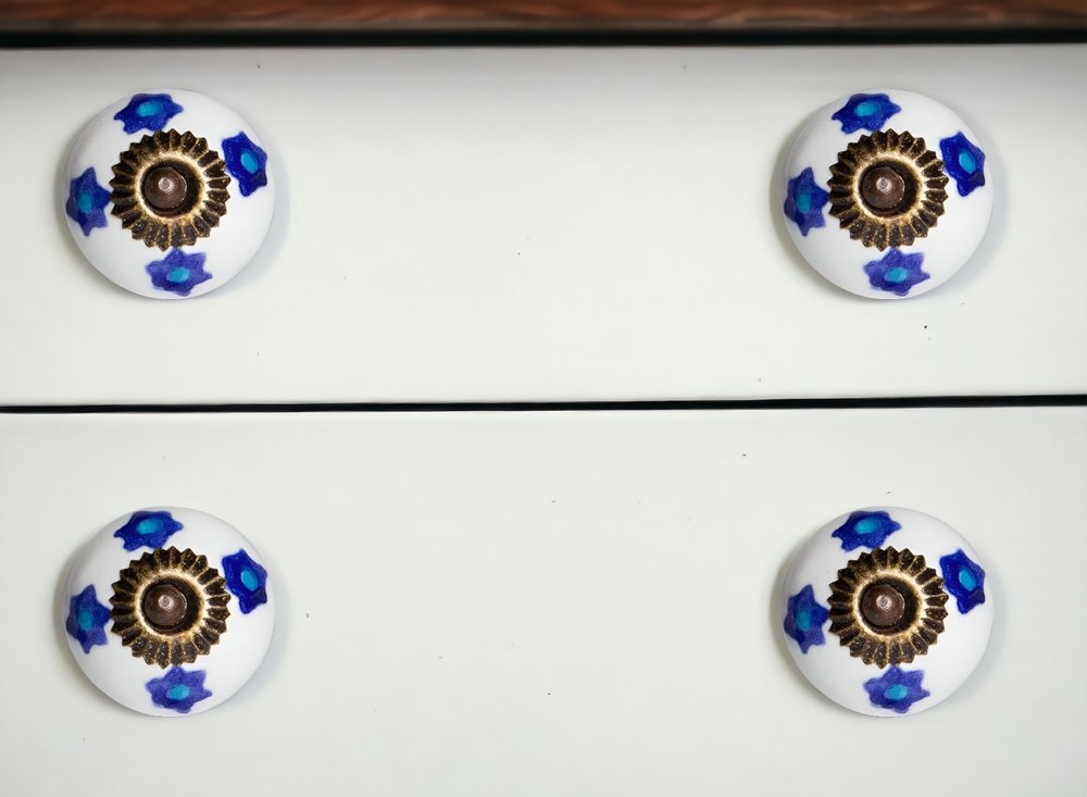 Set of Twelve Blue White And Turquoise Floral Ceramic Drawer Pull Knobs HomeRoots