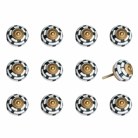 Set of Twelve White Teal And Gold Geometric Ceramic Drawer Pull Knobs HomeRoots