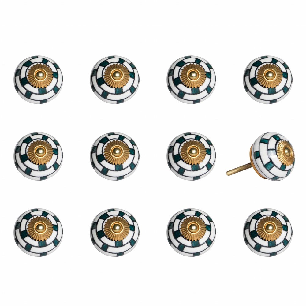 Set of Twelve White Teal And Gold Geometric Ceramic Drawer Pull Knobs HomeRoots