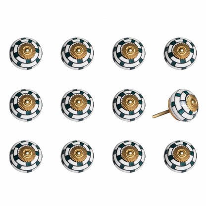 Set of Twelve White Teal And Gold Geometric Ceramic Drawer Pull Knobs HomeRoots