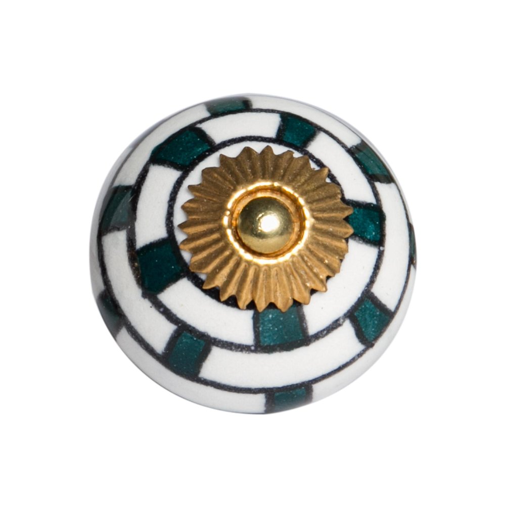 Set of Twelve White Teal And Gold Geometric Ceramic Drawer Pull Knobs HomeRoots