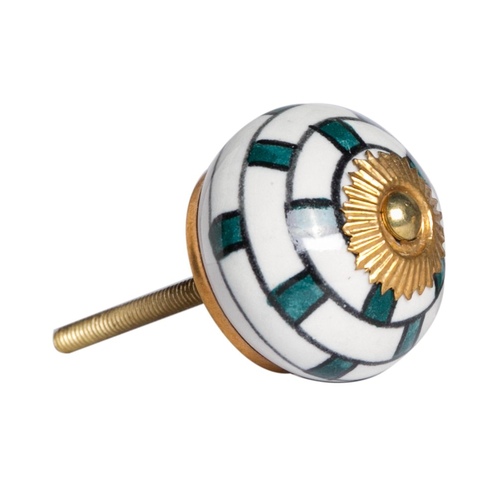 Set of Twelve White Teal And Gold Geometric Ceramic Drawer Pull Knobs HomeRoots