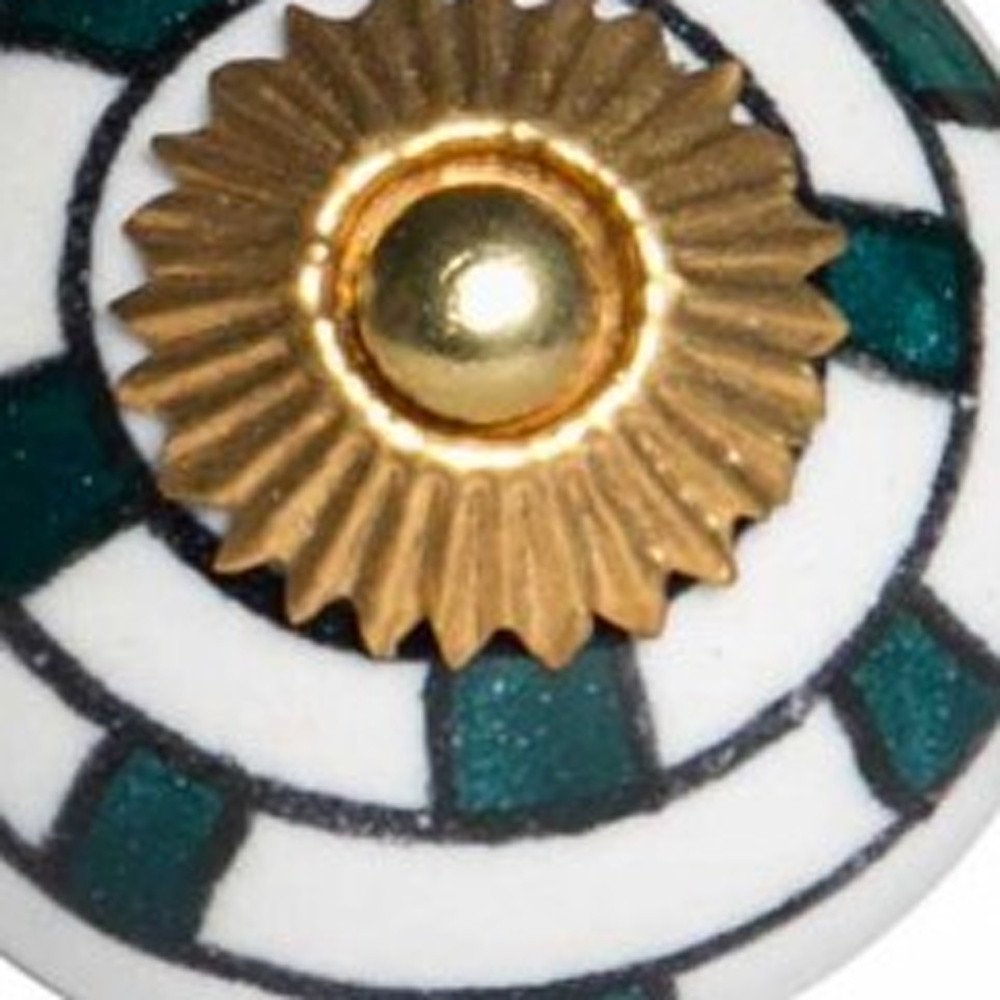Set of Twelve White Teal And Gold Geometric Ceramic Drawer Pull Knobs HomeRoots