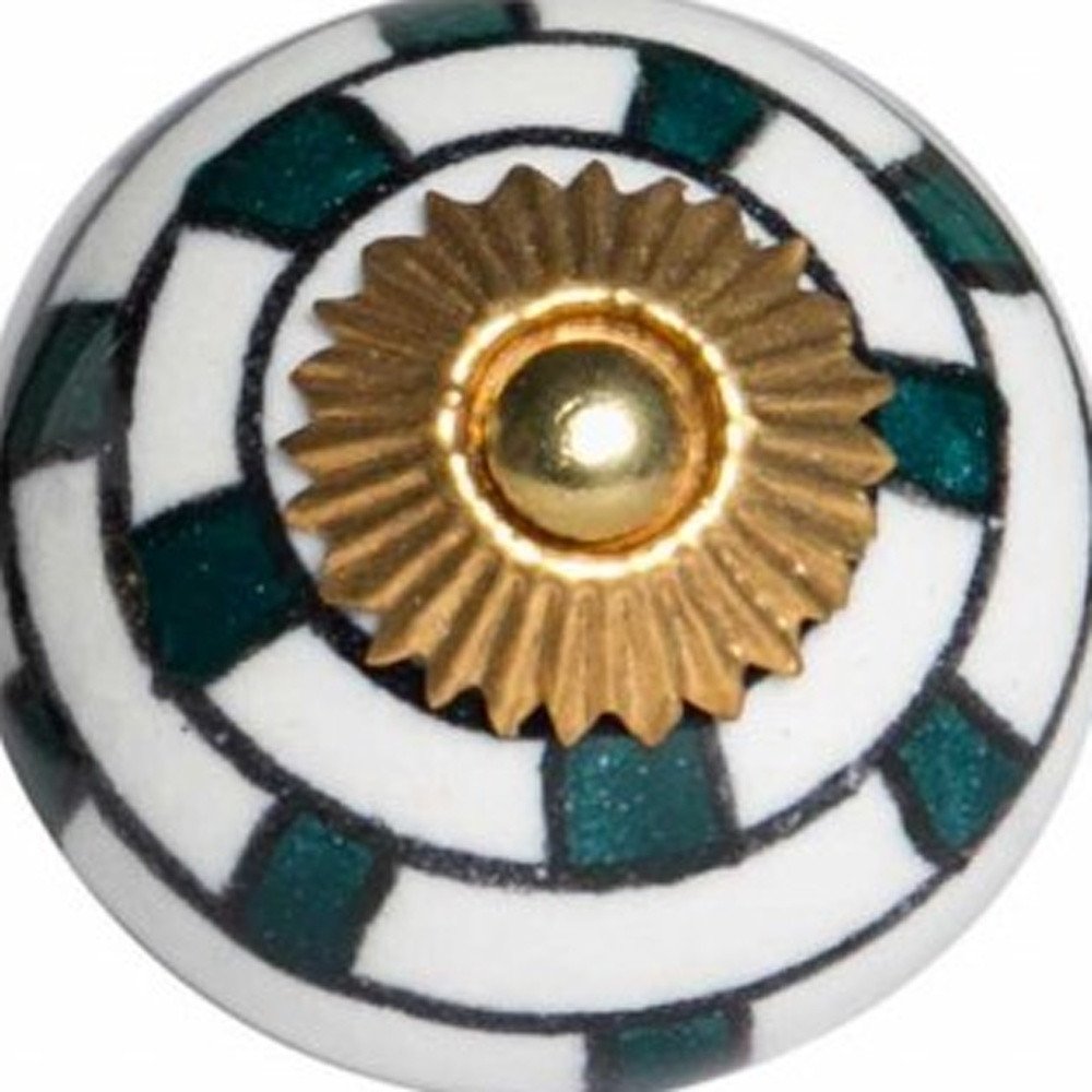 Set of Twelve White Teal And Gold Geometric Ceramic Drawer Pull Knobs HomeRoots