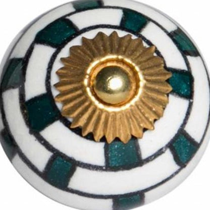 Set of Twelve White Teal And Gold Geometric Ceramic Drawer Pull Knobs HomeRoots