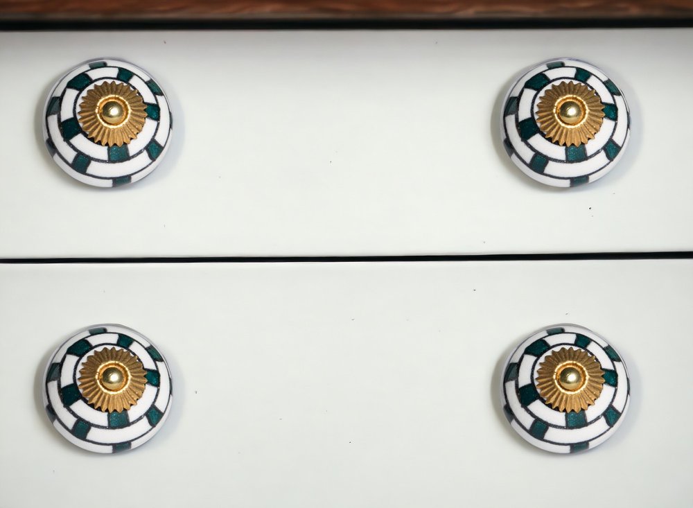 Set of Twelve White Teal And Gold Geometric Ceramic Drawer Pull Knobs HomeRoots