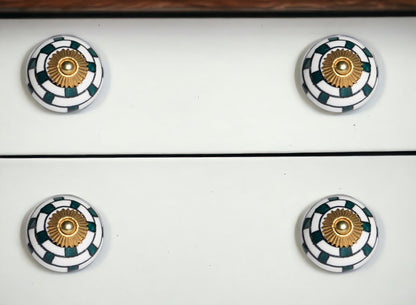 Set of Twelve White Teal And Gold Geometric Ceramic Drawer Pull Knobs HomeRoots