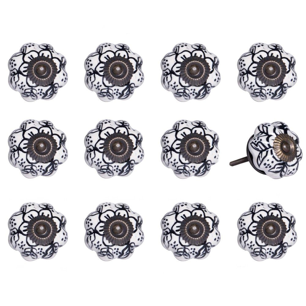 Set of Twelve Black And White Floral Ceramic Drawer Pull Knobs HomeRoots