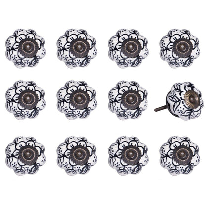 Set of Twelve Black And White Floral Ceramic Drawer Pull Knobs HomeRoots