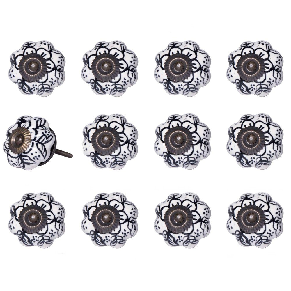 Set of Twelve Black And White Floral Ceramic Drawer Pull Knobs HomeRoots
