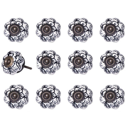 Set of Twelve Black And White Floral Ceramic Drawer Pull Knobs HomeRoots