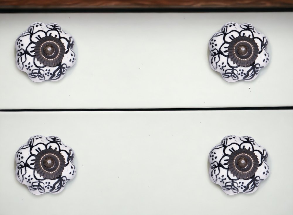Set of Twelve Black And White Floral Ceramic Drawer Pull Knobs HomeRoots