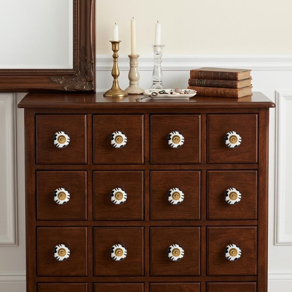 Set of Twelve White Teal And Gold Geometric Ceramic Drawer Pull Knobs HomeRoots