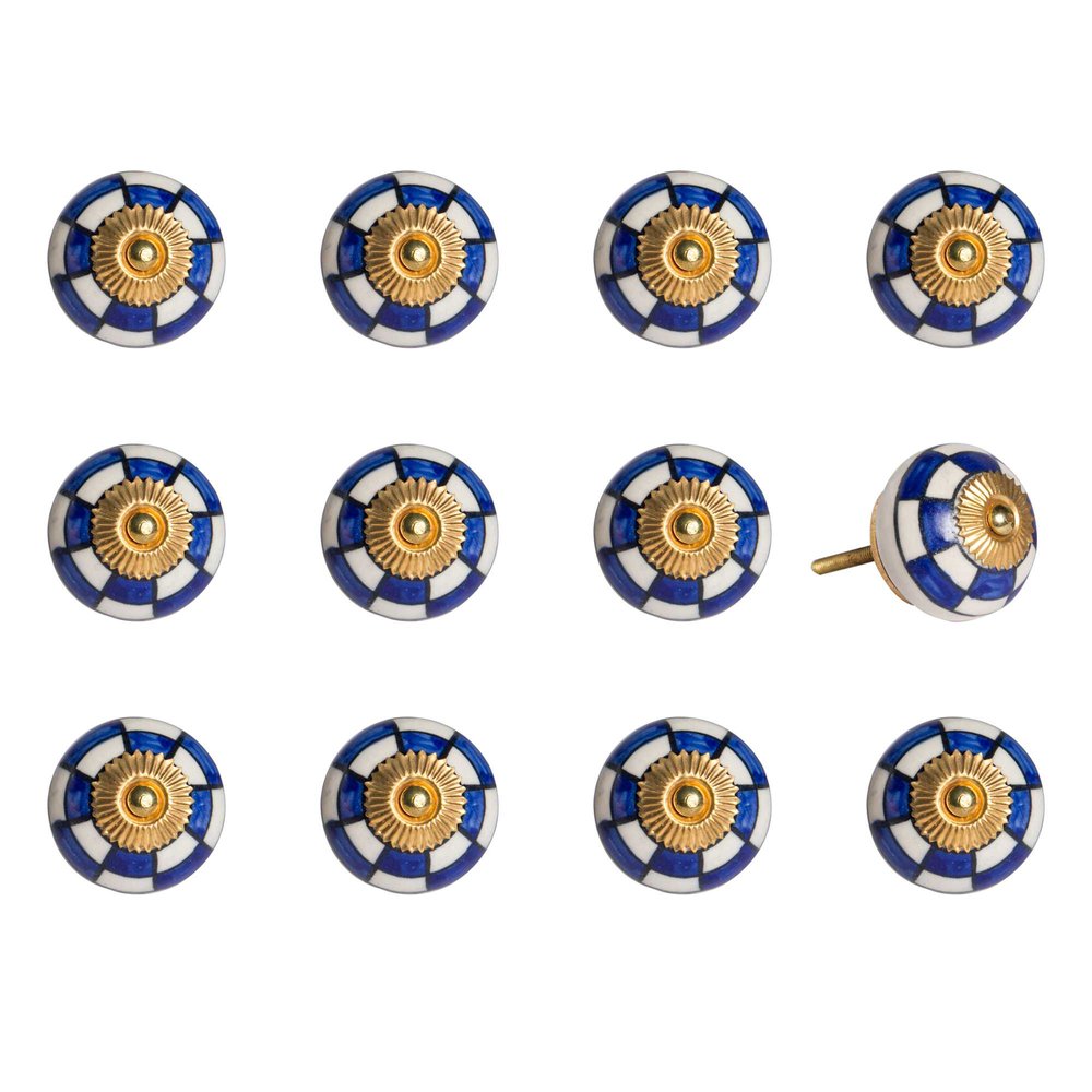 Set of Twelve Blue White And Gold Geometric Ceramic Drawer Pull Knobs HomeRoots