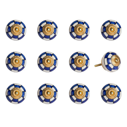 Set of Twelve Blue White And Gold Geometric Ceramic Drawer Pull Knobs HomeRoots