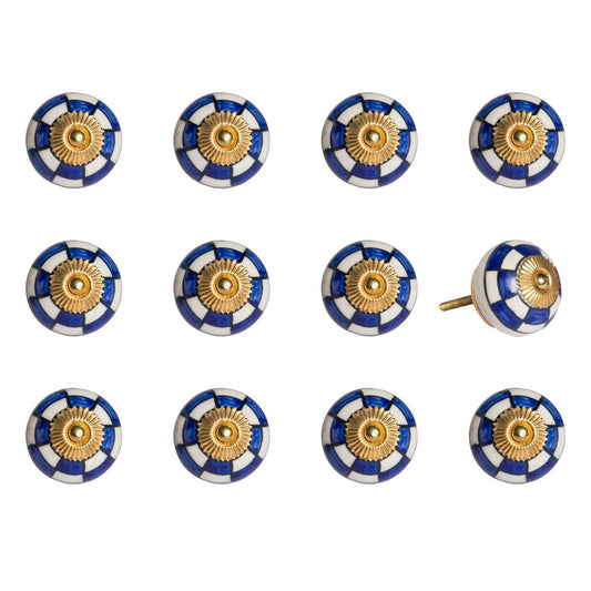 Set of Twelve Blue White And Gold Geometric Ceramic Drawer Pull Knobs HomeRoots
