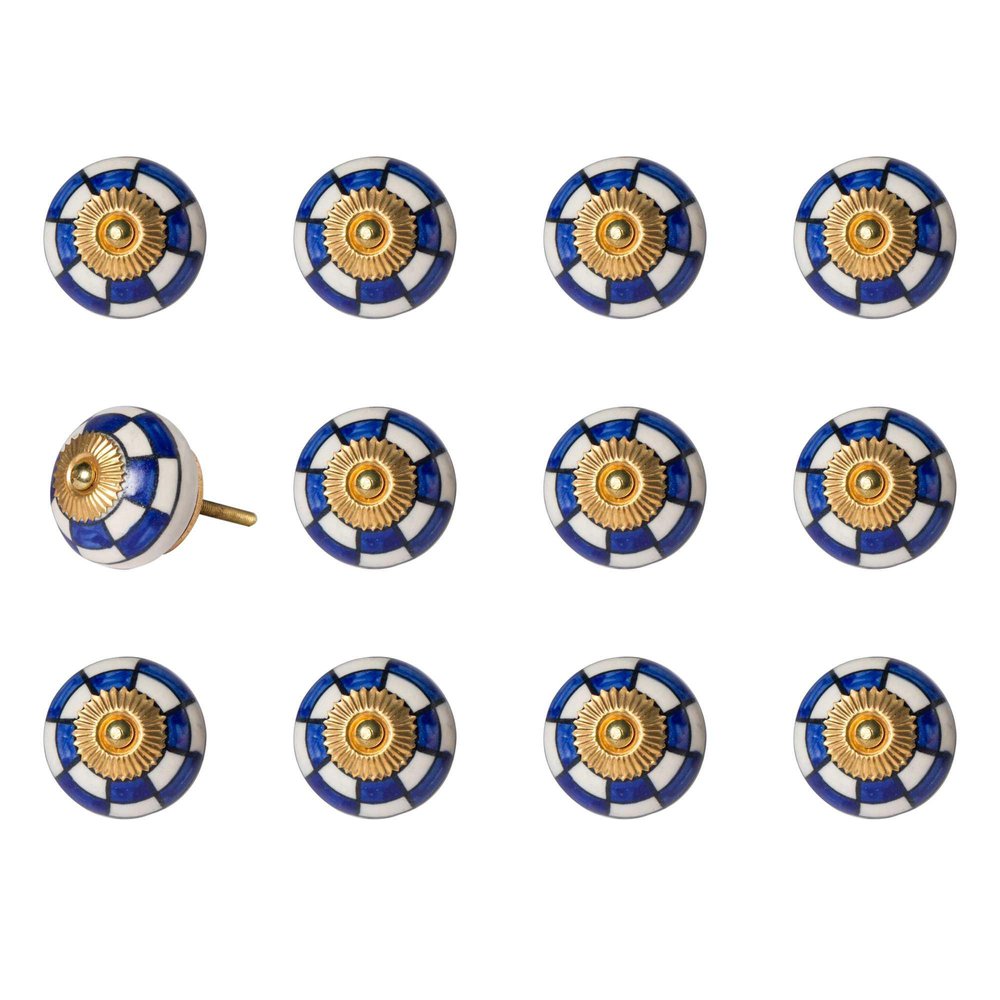 Set of Twelve Blue White And Gold Geometric Ceramic Drawer Pull Knobs HomeRoots