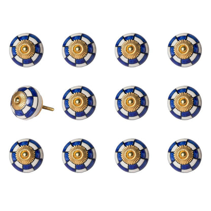 Set of Twelve Blue White And Gold Geometric Ceramic Drawer Pull Knobs HomeRoots