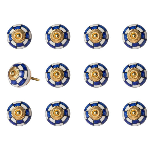 Set of Twelve Blue White And Gold Geometric Ceramic Drawer Pull Knobs HomeRoots