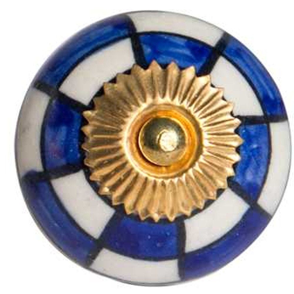 Set of Twelve Blue White And Gold Geometric Ceramic Drawer Pull Knobs HomeRoots