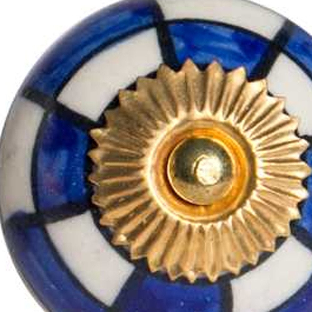 Set of Twelve Blue White And Gold Geometric Ceramic Drawer Pull Knobs HomeRoots