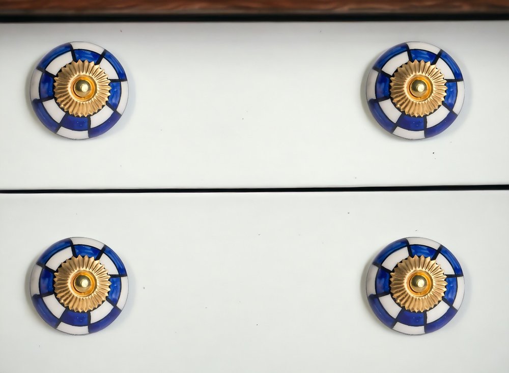 Set of Twelve Blue White And Gold Geometric Ceramic Drawer Pull Knobs HomeRoots