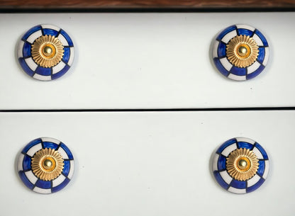 Set of Twelve Blue White And Gold Geometric Ceramic Drawer Pull Knobs HomeRoots