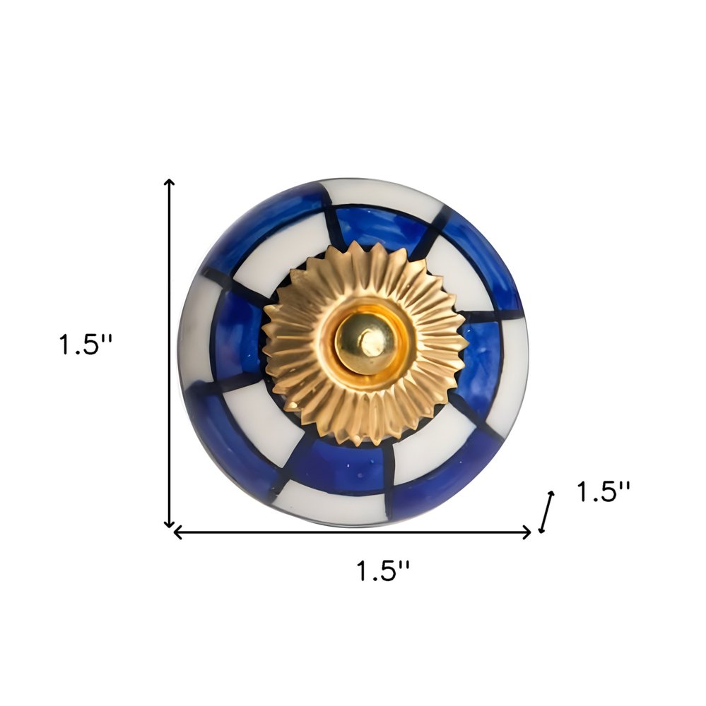 Set of Twelve Blue White And Gold Geometric Ceramic Drawer Pull Knobs HomeRoots
