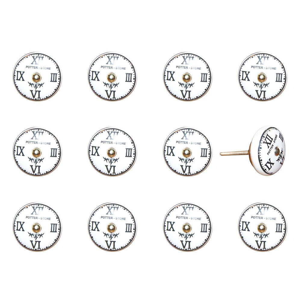 Set of Twelve Black White And Gold Clock Face Ceramic Drawer Pull Knobs HomeRoots