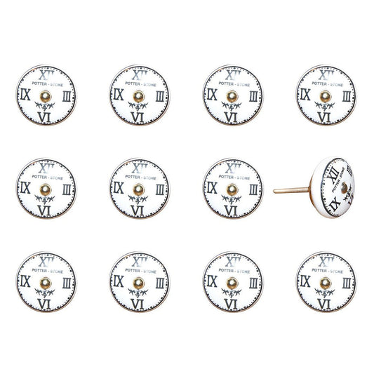 Set of Twelve Black White And Gold Clock Face Ceramic Drawer Pull Knobs HomeRoots