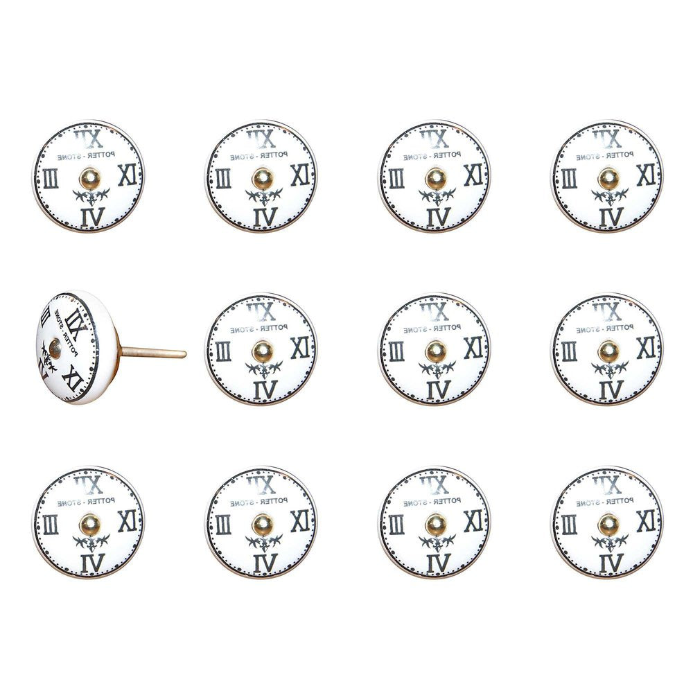 Set of Twelve Black White And Gold Clock Face Ceramic Drawer Pull Knobs HomeRoots