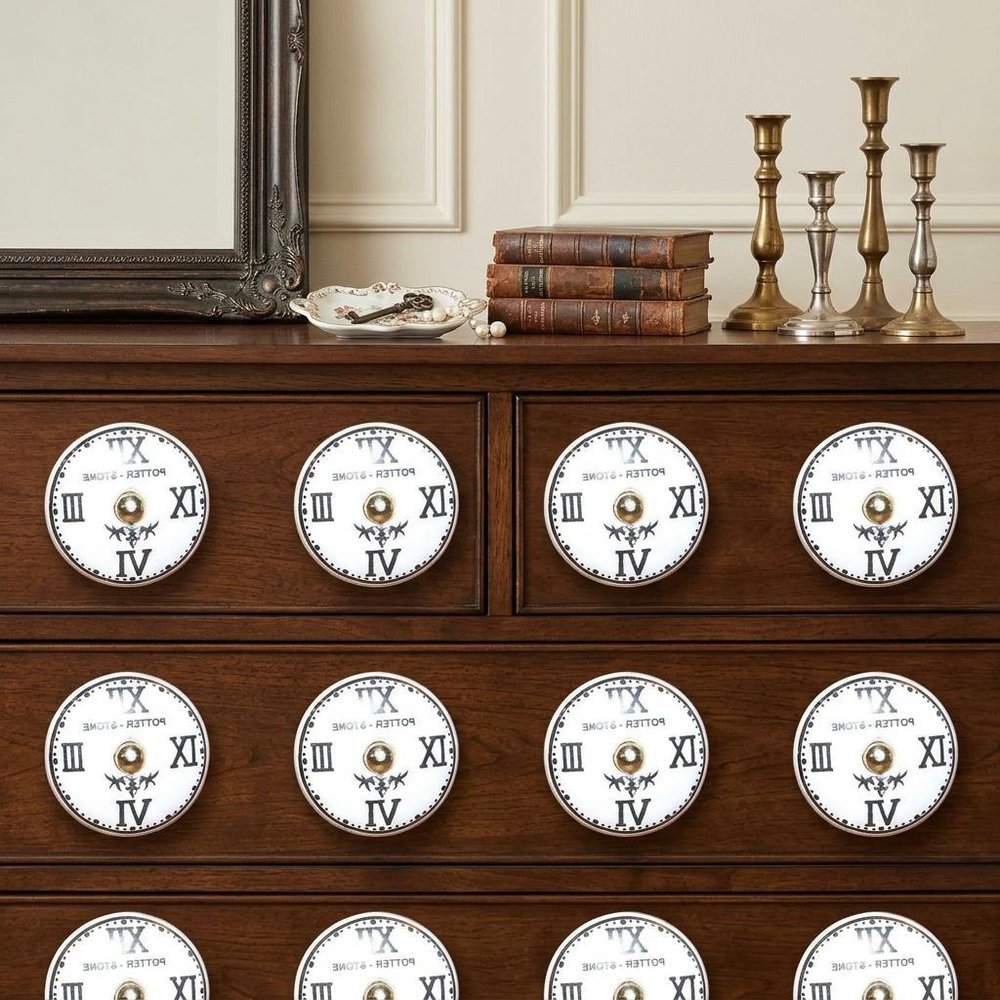 Set of Twelve Black White And Gold Clock Face Ceramic Drawer Pull Knobs HomeRoots