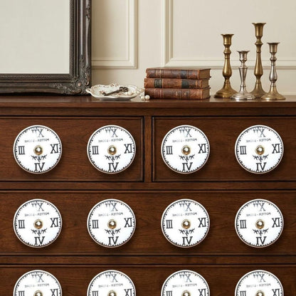 Set of Twelve Black White And Gold Clock Face Ceramic Drawer Pull Knobs HomeRoots