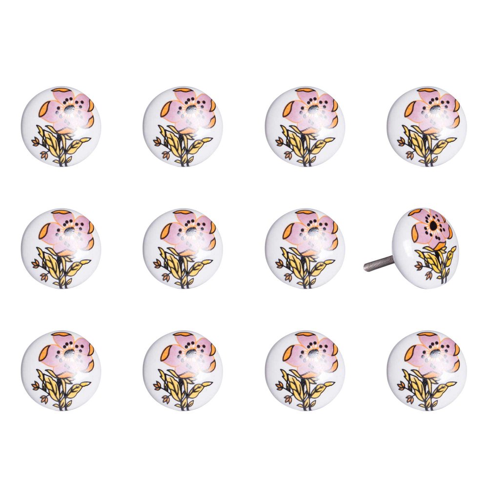 Set of Twelve Pink And White Floral Ceramic Drawer Pull Knobs HomeRoots