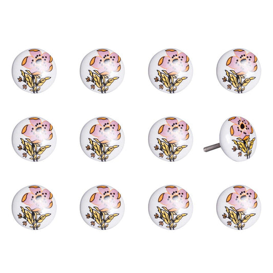 Set of Twelve Pink And White Floral Ceramic Drawer Pull Knobs HomeRoots