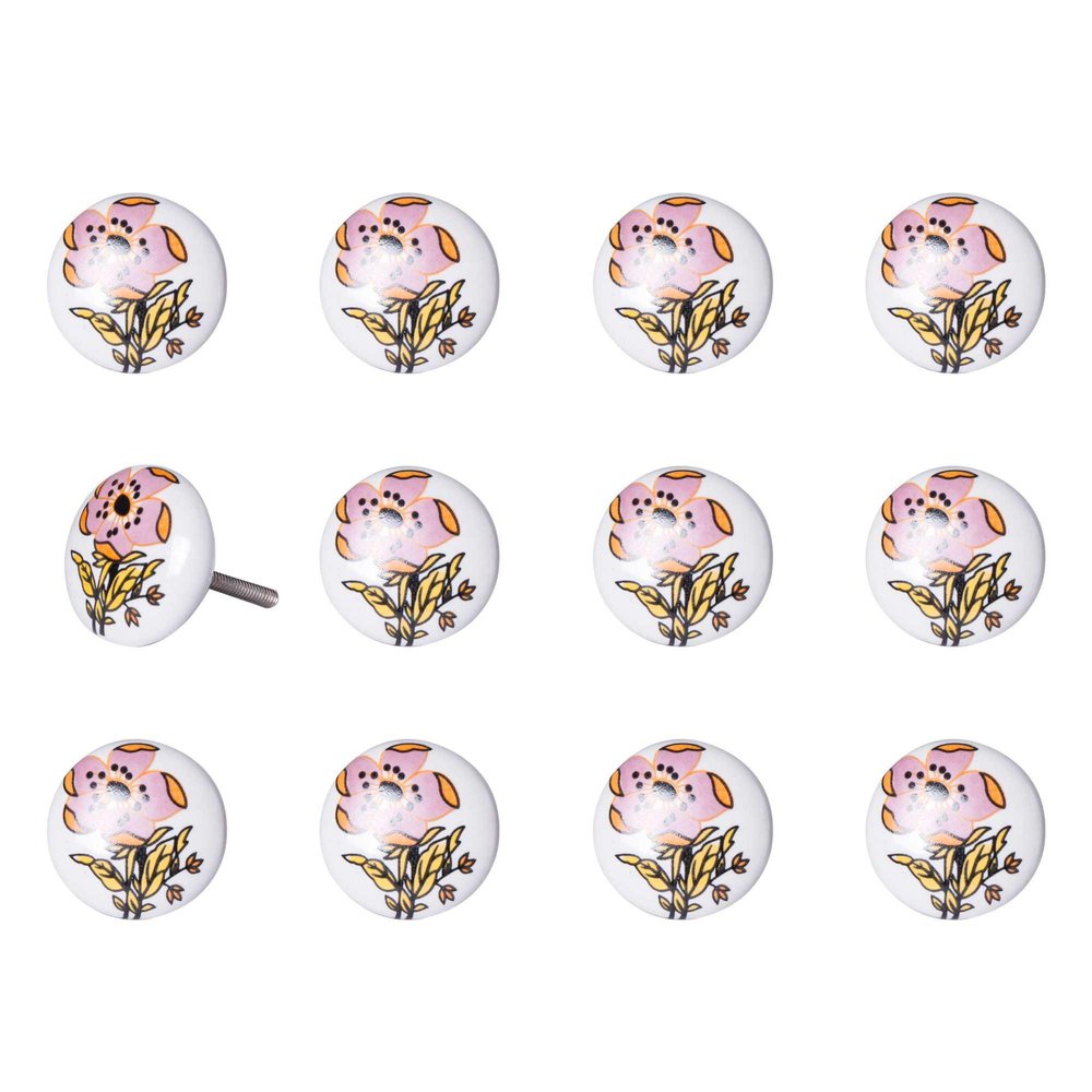 Set of Twelve Pink And White Floral Ceramic Drawer Pull Knobs HomeRoots